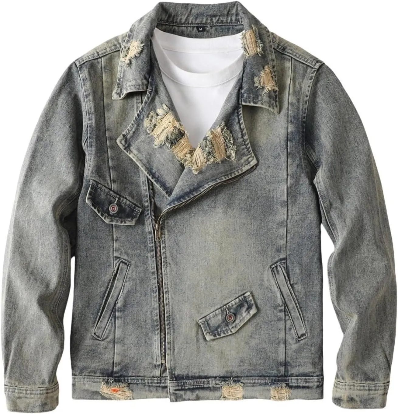 Men's Denim Jacket Asymmetric Zipper Notched Lapels Ripped Long Sleeve Moto Trucker Jean Jacket