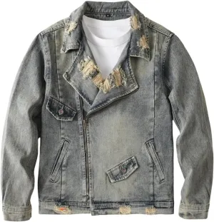 Men's Denim Jacket Asymmetric Zipper Notched Lapels Ripped Long Sleeve Moto Trucker Jean Jacket