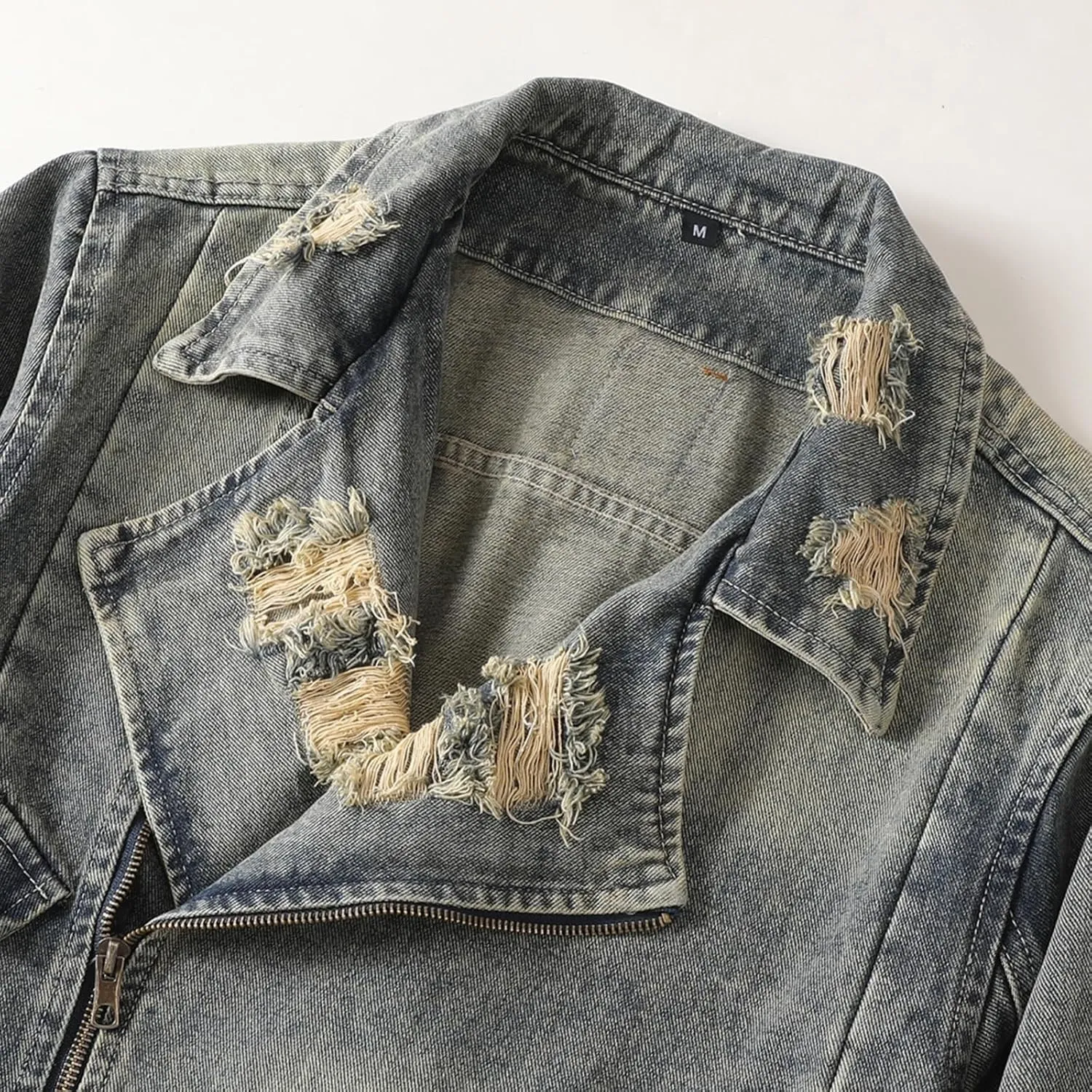 Men's Denim Jacket Asymmetric Zipper Notched Lapels Ripped Long Sleeve Moto Trucker Jean Jacket