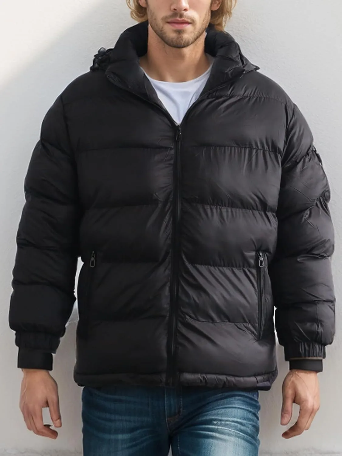 Men's Hooded Puffer Jacket Winter Coat Warm Thickened Zip Up Quilted Padded Jackets with Pockets