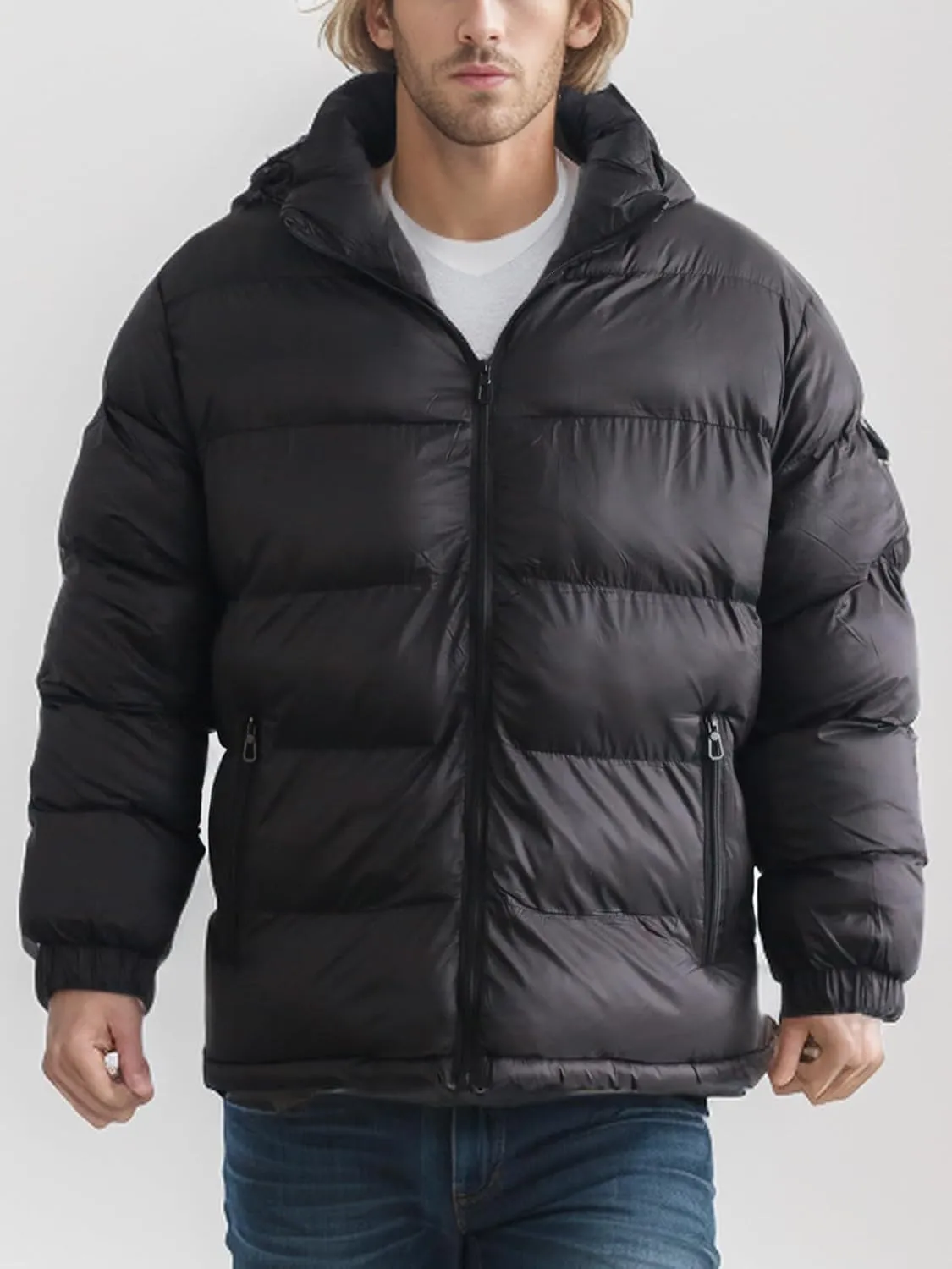 Men's Hooded Puffer Jacket Winter Coat Warm Thickened Zip Up Quilted Padded Jackets with Pockets