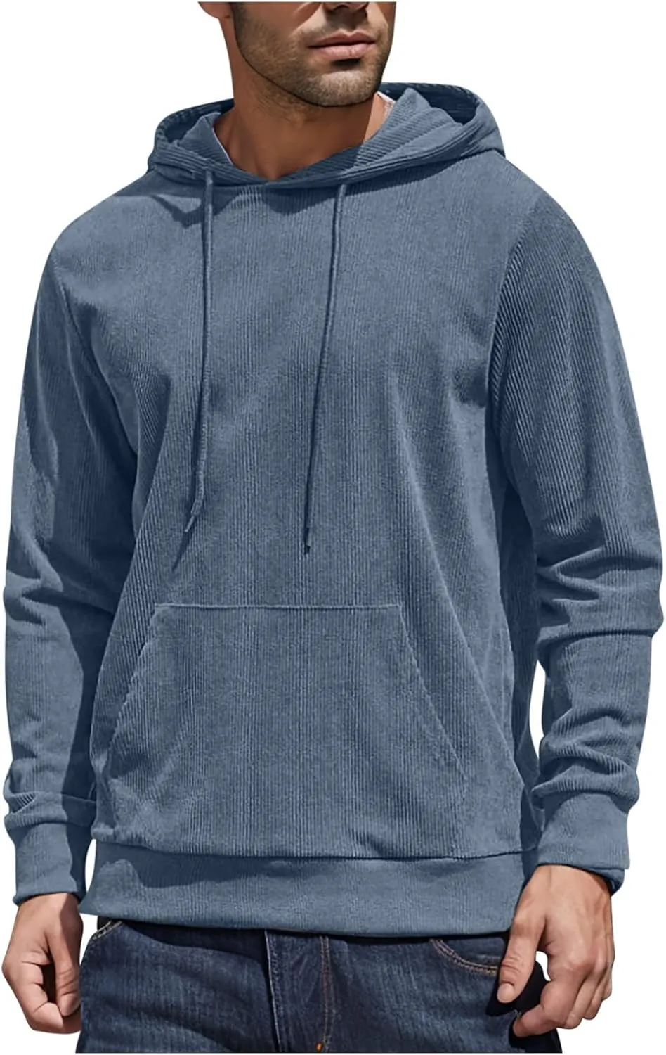 Mens Hooded Sweatshirt Long Sleeve Casual Corduroy Drawstring Pullover Hoodies with Pocket,2024 Tall and Big Tops