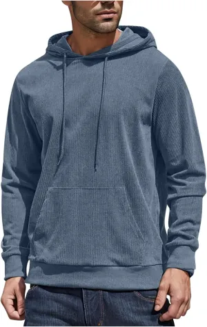 Mens Hooded Sweatshirt Long Sleeve Casual Corduroy Drawstring Pullover Hoodies with Pocket,2024 Tall and Big Tops