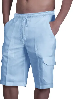 Men's Linen Shorts Casual Cotton Elastic Waist Drawstring Summer Beach Vacation Shorts with Pockets