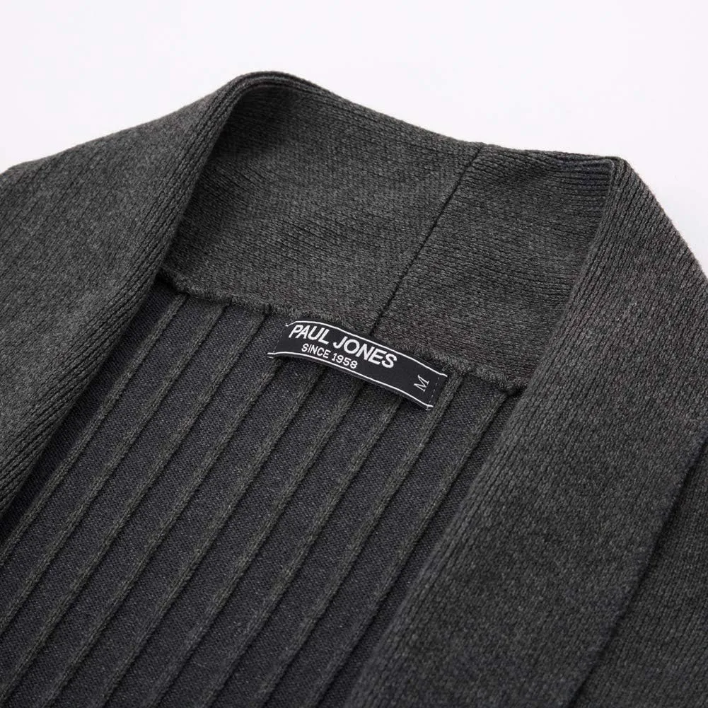 Men's Shawl Collar Open Front Long Cardigan Ribbed Knit Sweater with Pockets