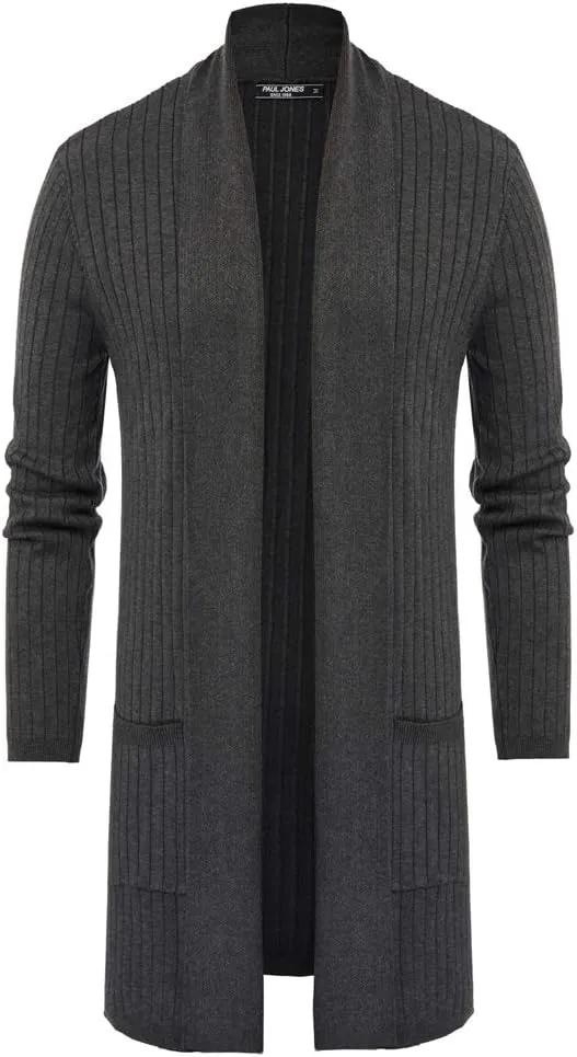 Men's Shawl Collar Open Front Long Cardigan Ribbed Knit Sweater with Pockets