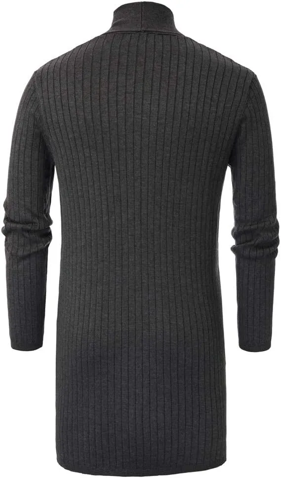 Men's Shawl Collar Open Front Long Cardigan Ribbed Knit Sweater with Pockets