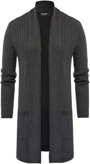 Men's Shawl Collar Open Front Long Cardigan Ribbed Knit Sweater with Pockets