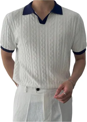 Men's Textured Short Sleeve Knit Top Sweater Lapel Collar V Neck Pullover Sweaters