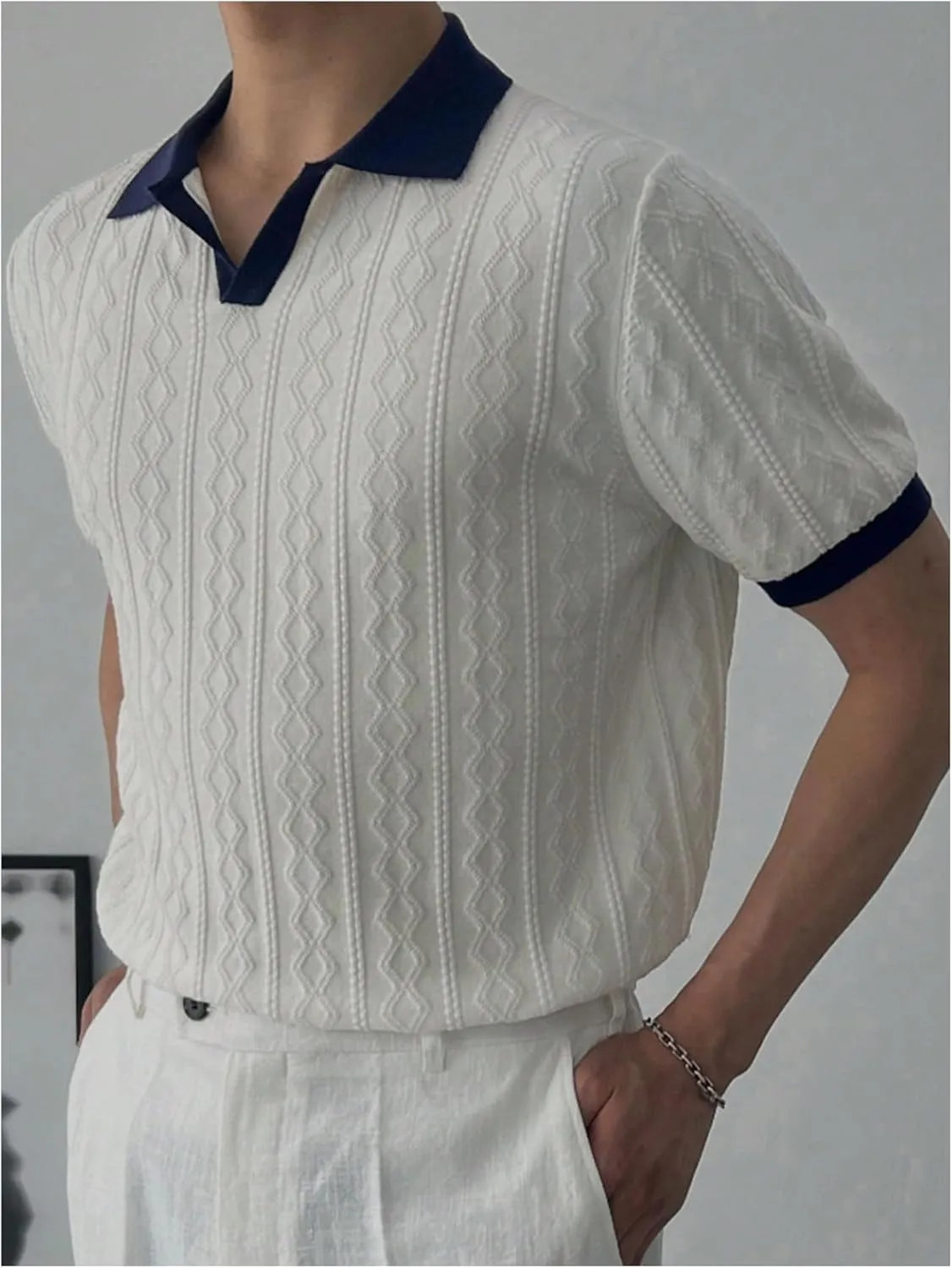 Men's Textured Short Sleeve Knit Top Sweater Lapel Collar V Neck Pullover Sweaters