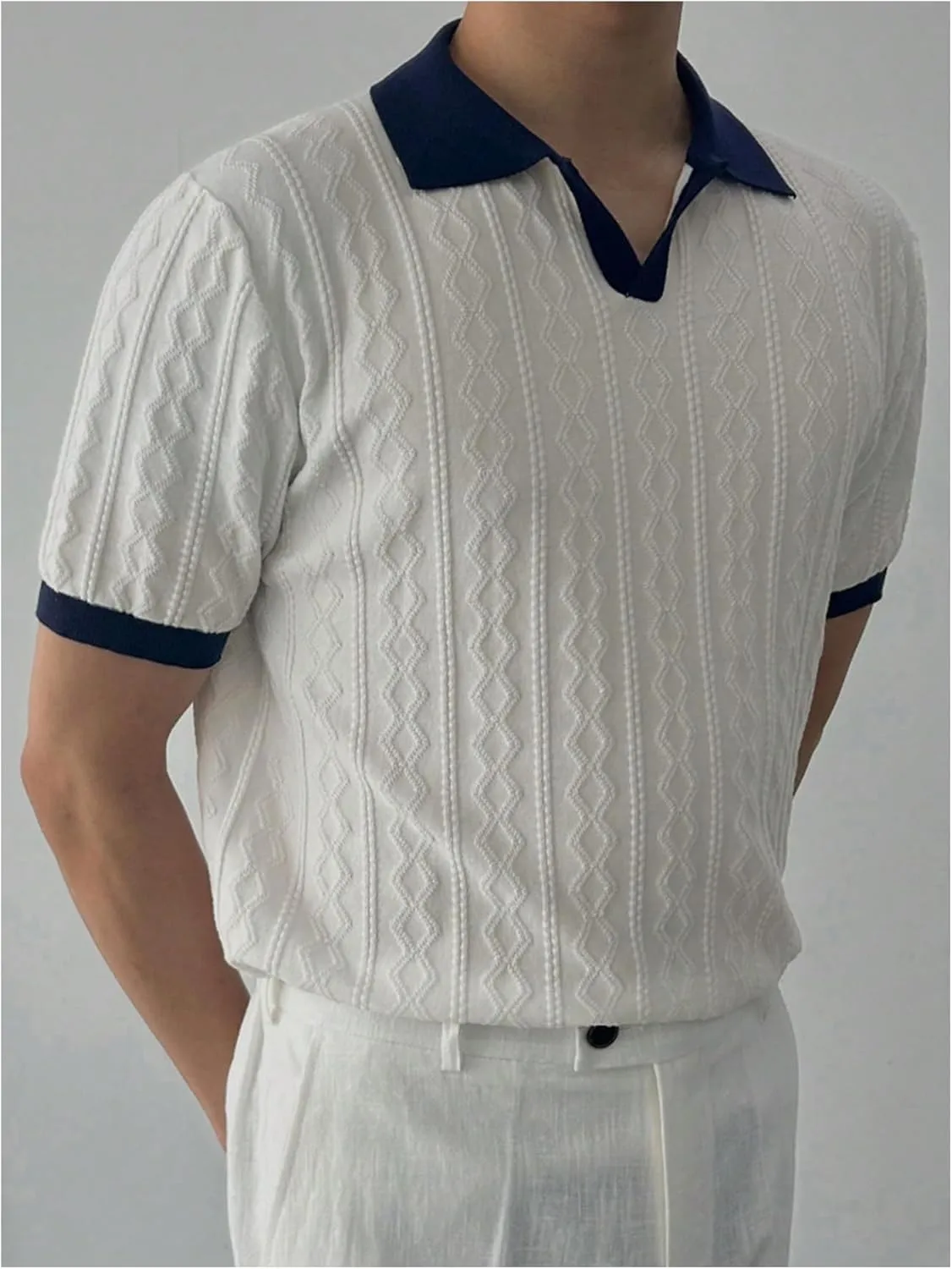 Men's Textured Short Sleeve Knit Top Sweater Lapel Collar V Neck Pullover Sweaters