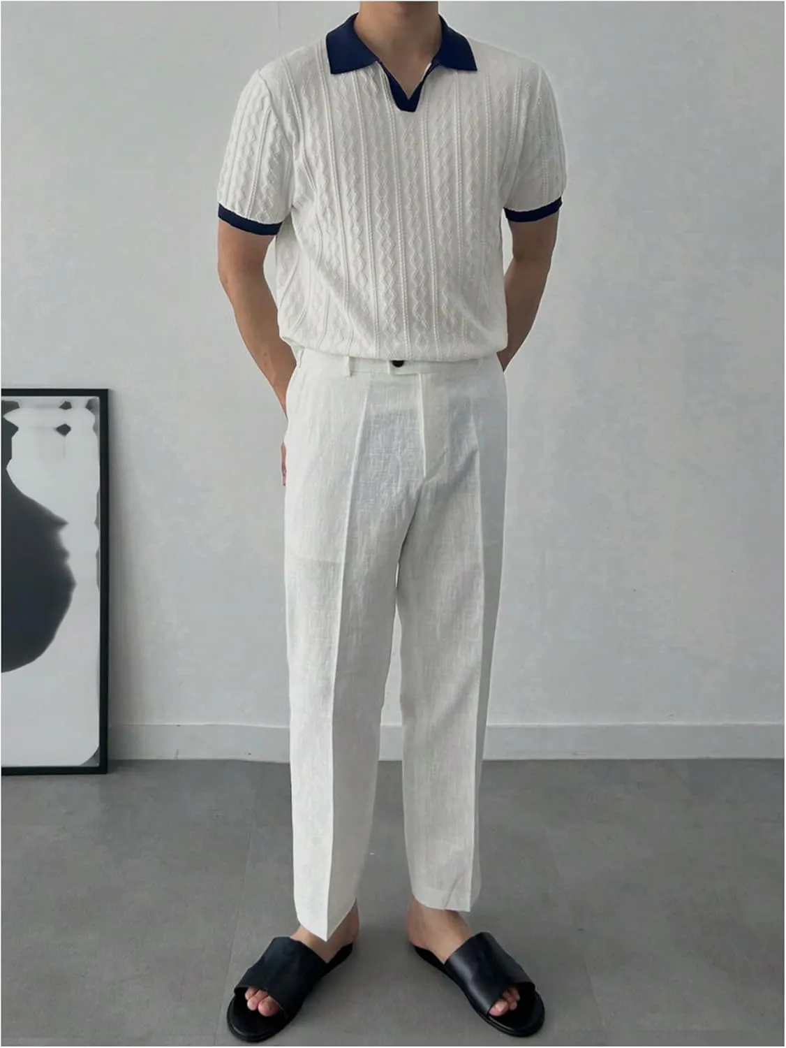 Men's Textured Short Sleeve Knit Top Sweater Lapel Collar V Neck Pullover Sweaters