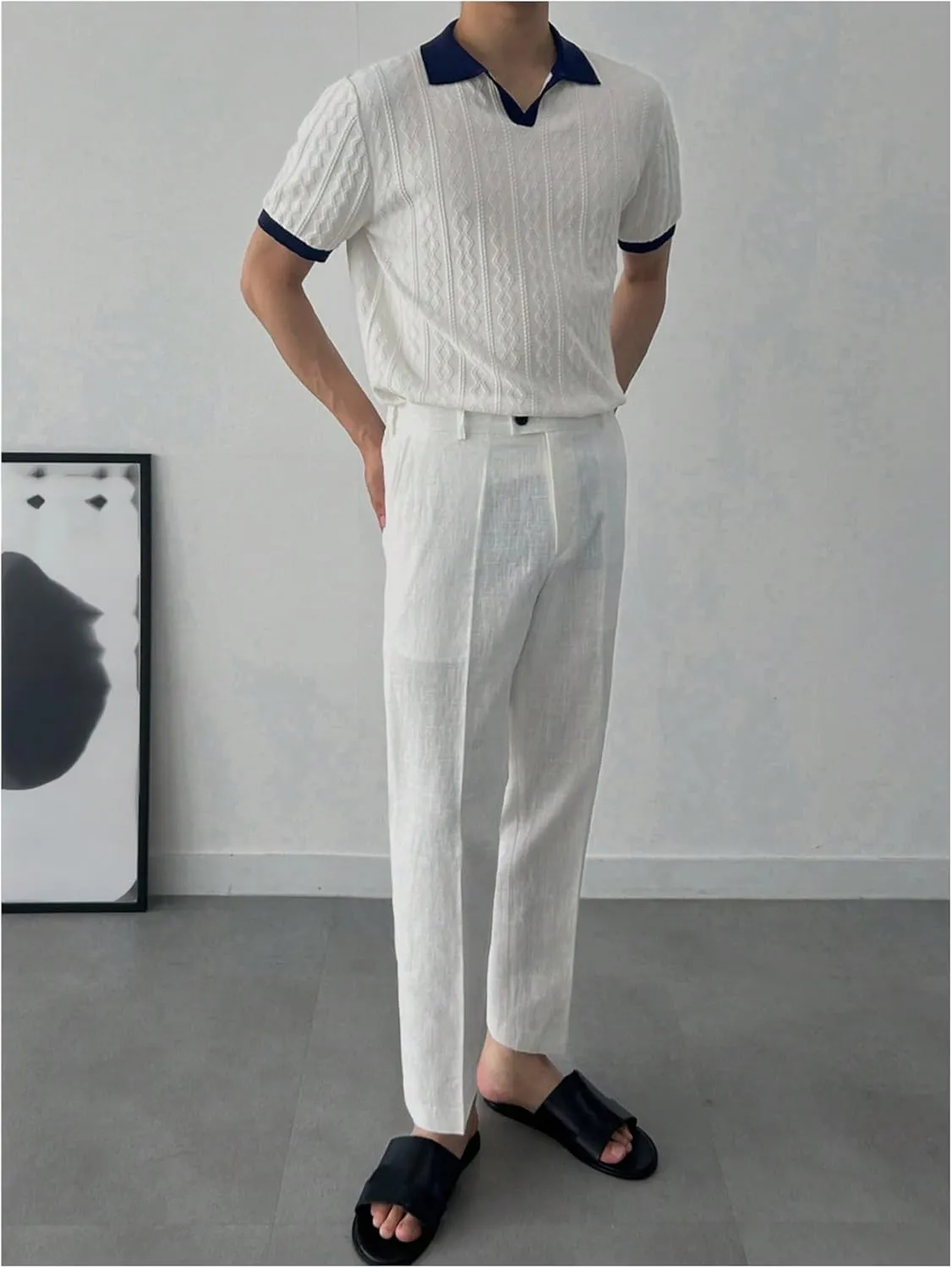 Men's Textured Short Sleeve Knit Top Sweater Lapel Collar V Neck Pullover Sweaters