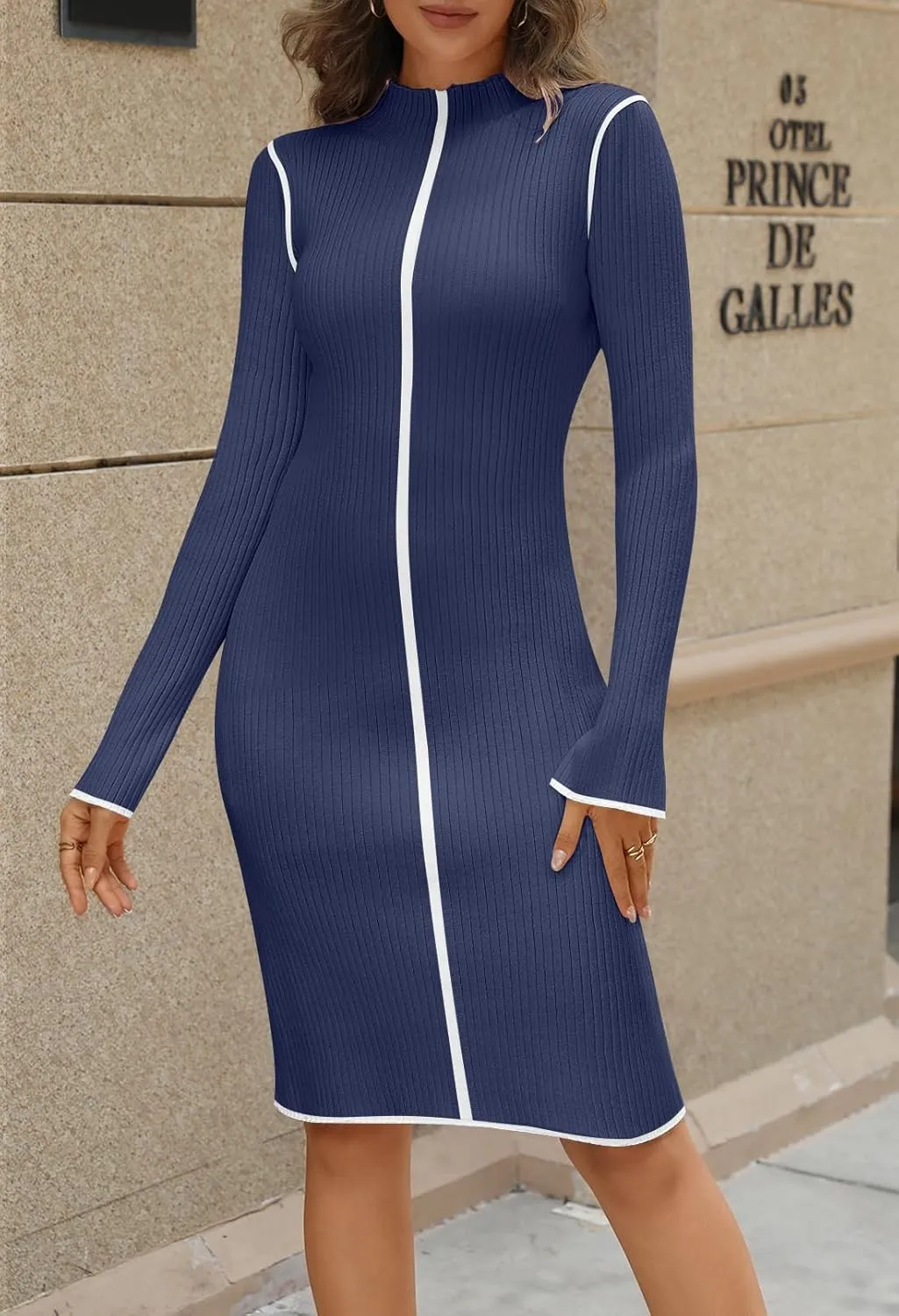 MEROKEETY Women's 2025 Long Sleeve Ribbed Knit Short Dress Color Block Mock Neck Bodycon Sweater Dresses