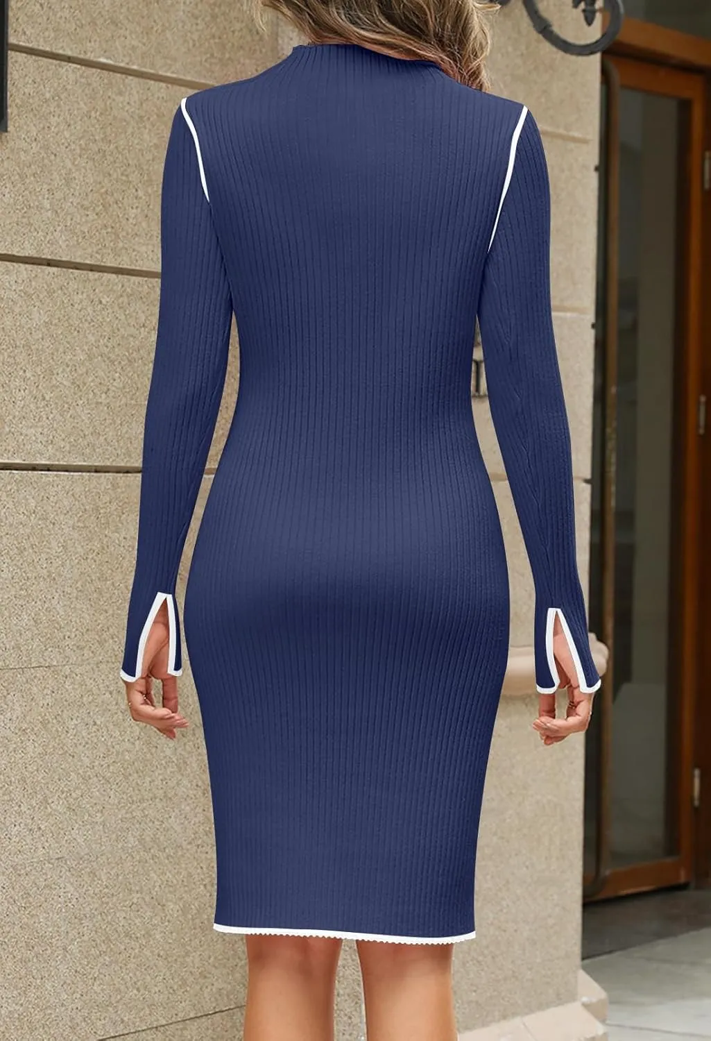 MEROKEETY Women's 2025 Long Sleeve Ribbed Knit Short Dress Color Block Mock Neck Bodycon Sweater Dresses