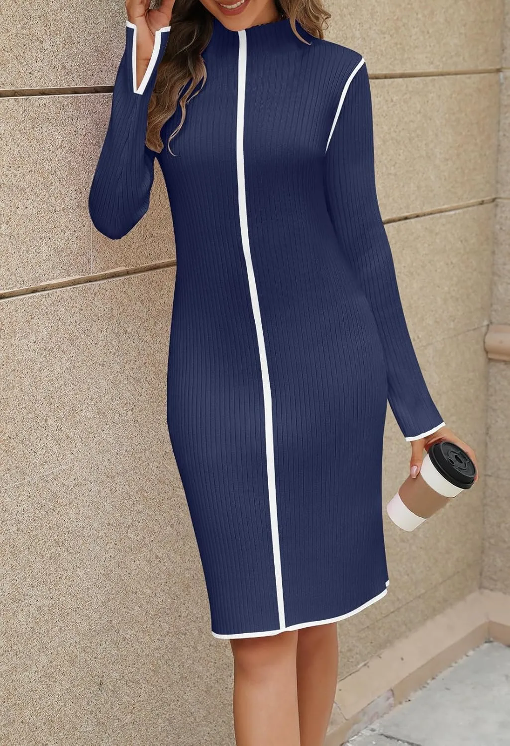 MEROKEETY Women's 2025 Long Sleeve Ribbed Knit Short Dress Color Block Mock Neck Bodycon Sweater Dresses