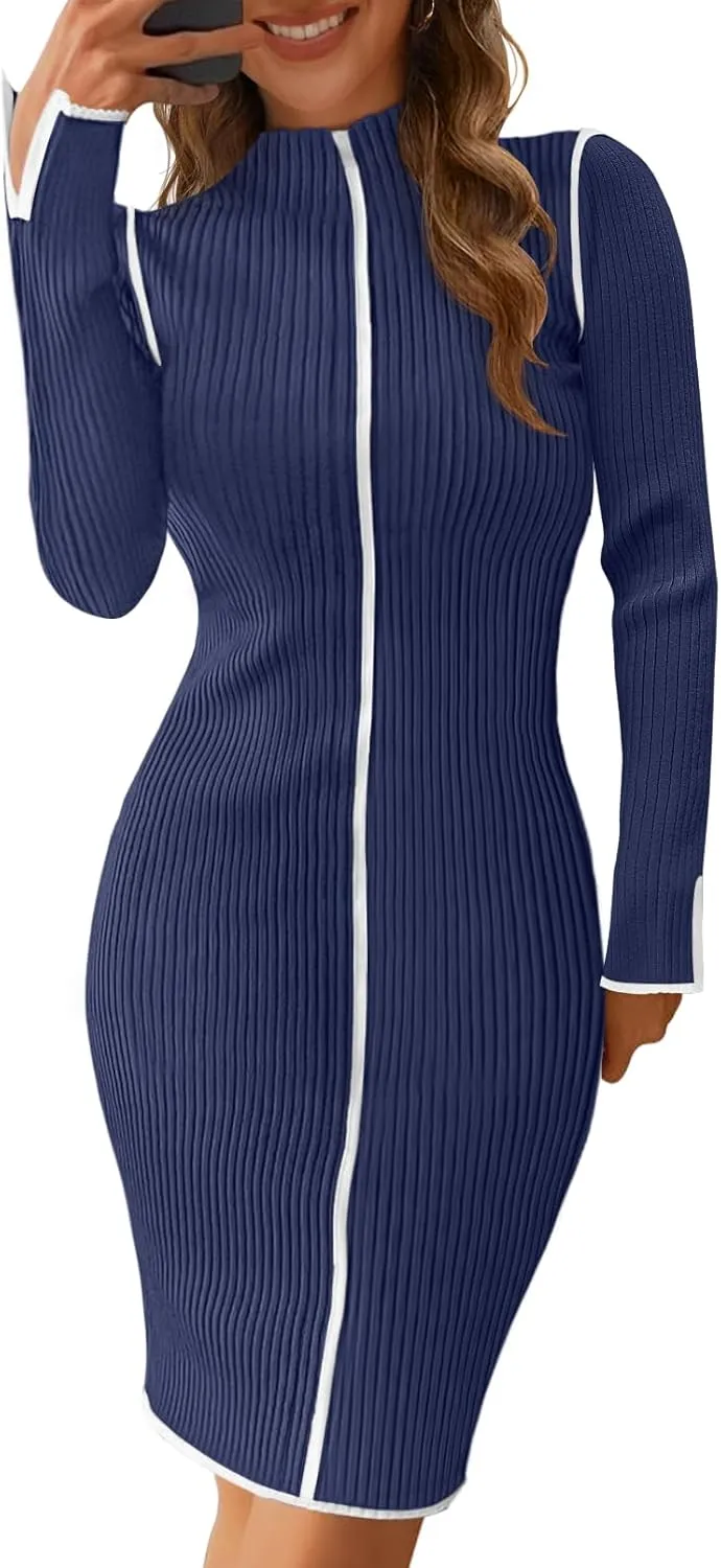 MEROKEETY Women's 2025 Long Sleeve Ribbed Knit Short Dress Color Block Mock Neck Bodycon Sweater Dresses