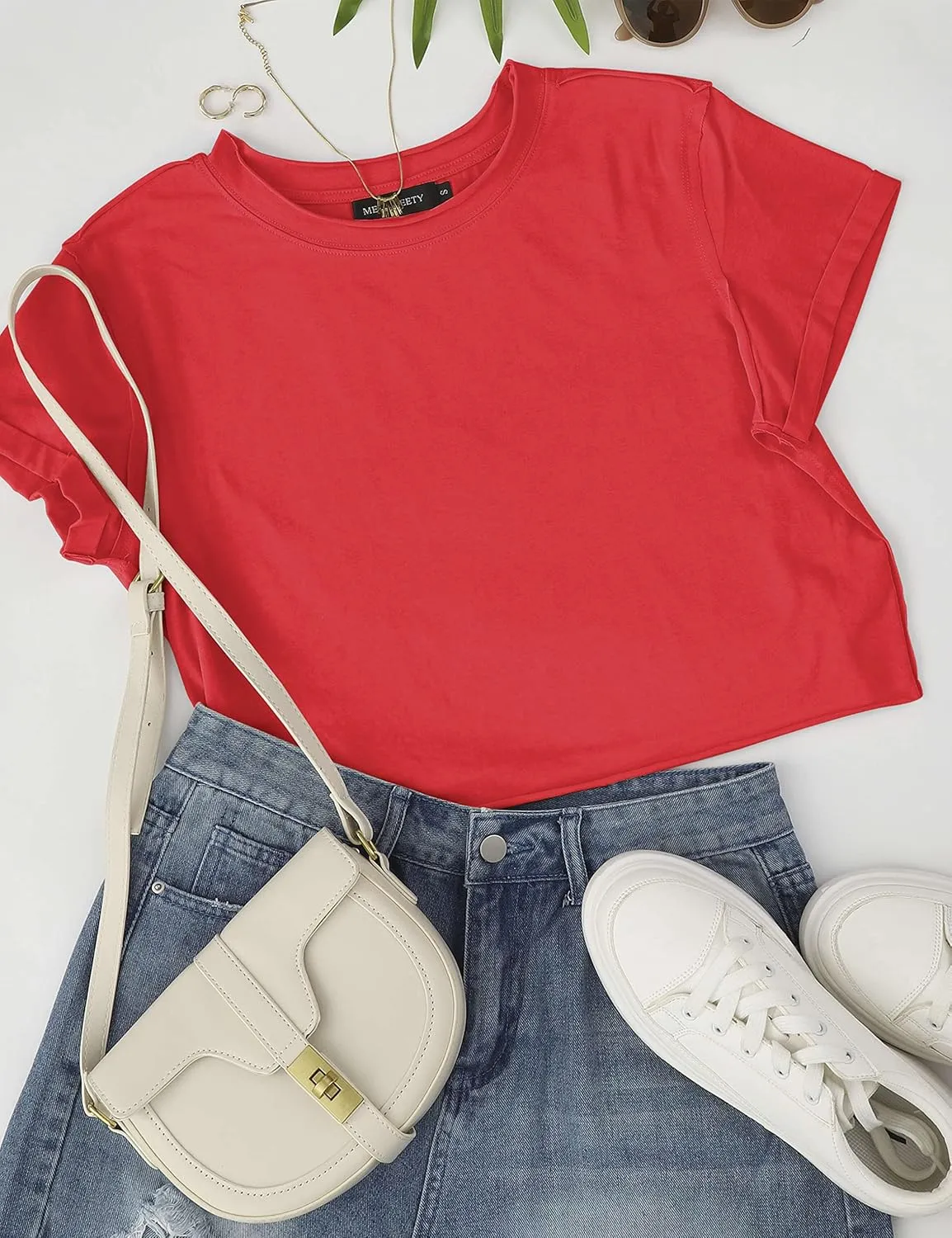 MEROKEETY Womens 2025 Summer Short Sleeve Crewneck Crop Tops Casual Solid T-Shirts