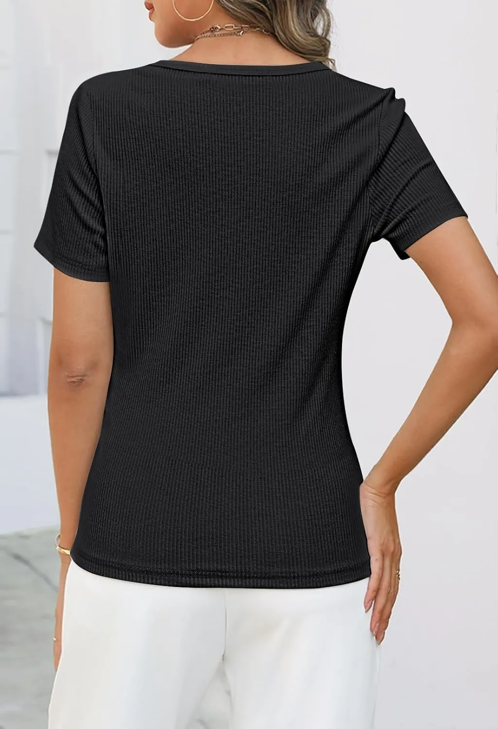 MEROKEETY Women's Summer Short Sleeve V Neck T Shirts Casual Ribbed Button Henley Knit Tops Blouse