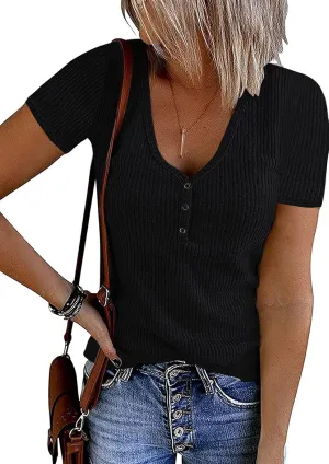MEROKEETY Women's Summer Short Sleeve V Neck T Shirts Casual Ribbed Button Henley Knit Tops Blouse