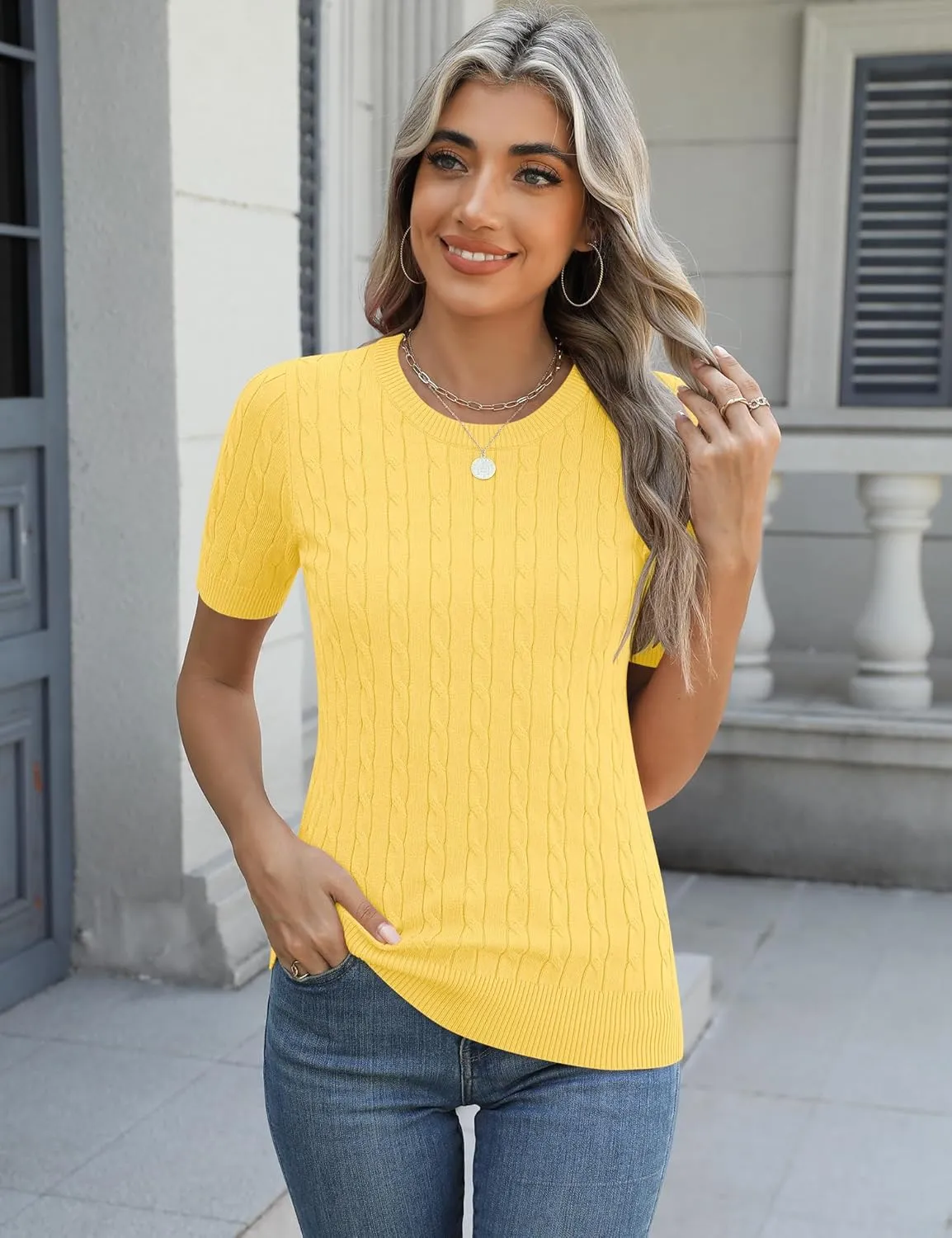 Micoson Womens Short Sleeve Cable Knit Sweater Tops Crewneck Lightweight Spring Summer Shirts Business Dressy Casual Outfits
