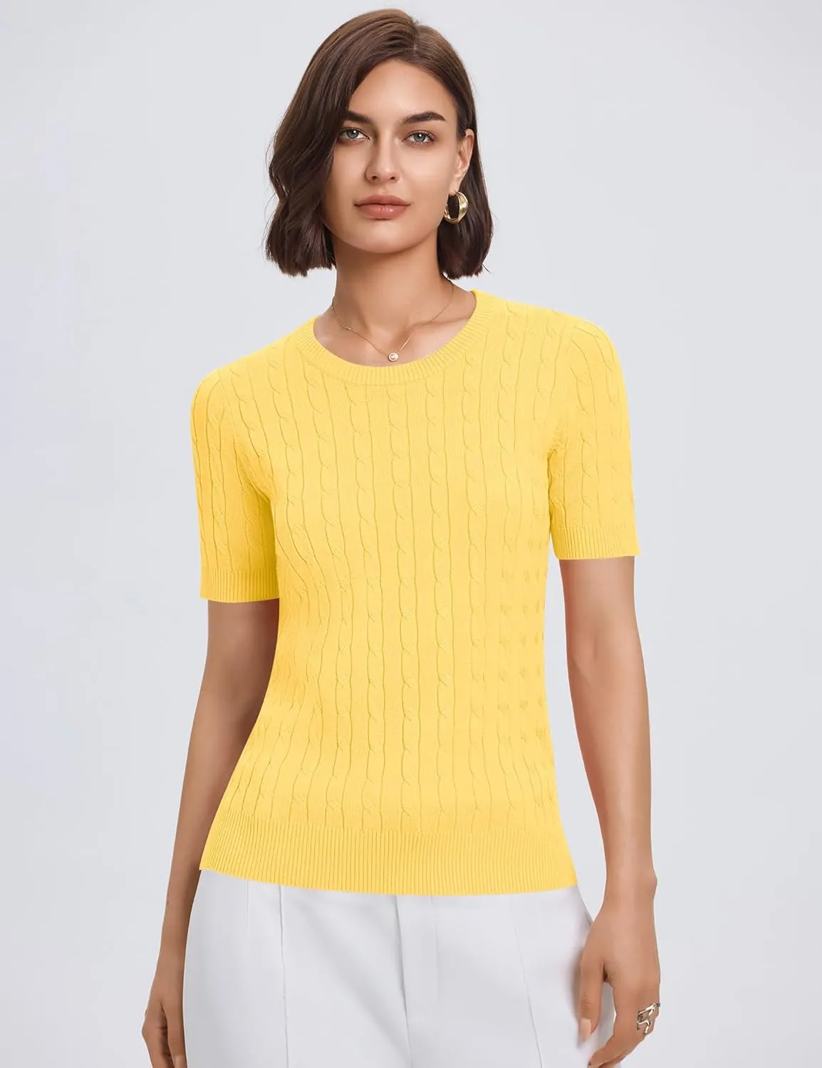 Micoson Womens Short Sleeve Cable Knit Sweater Tops Crewneck Lightweight Spring Summer Shirts Business Dressy Casual Outfits