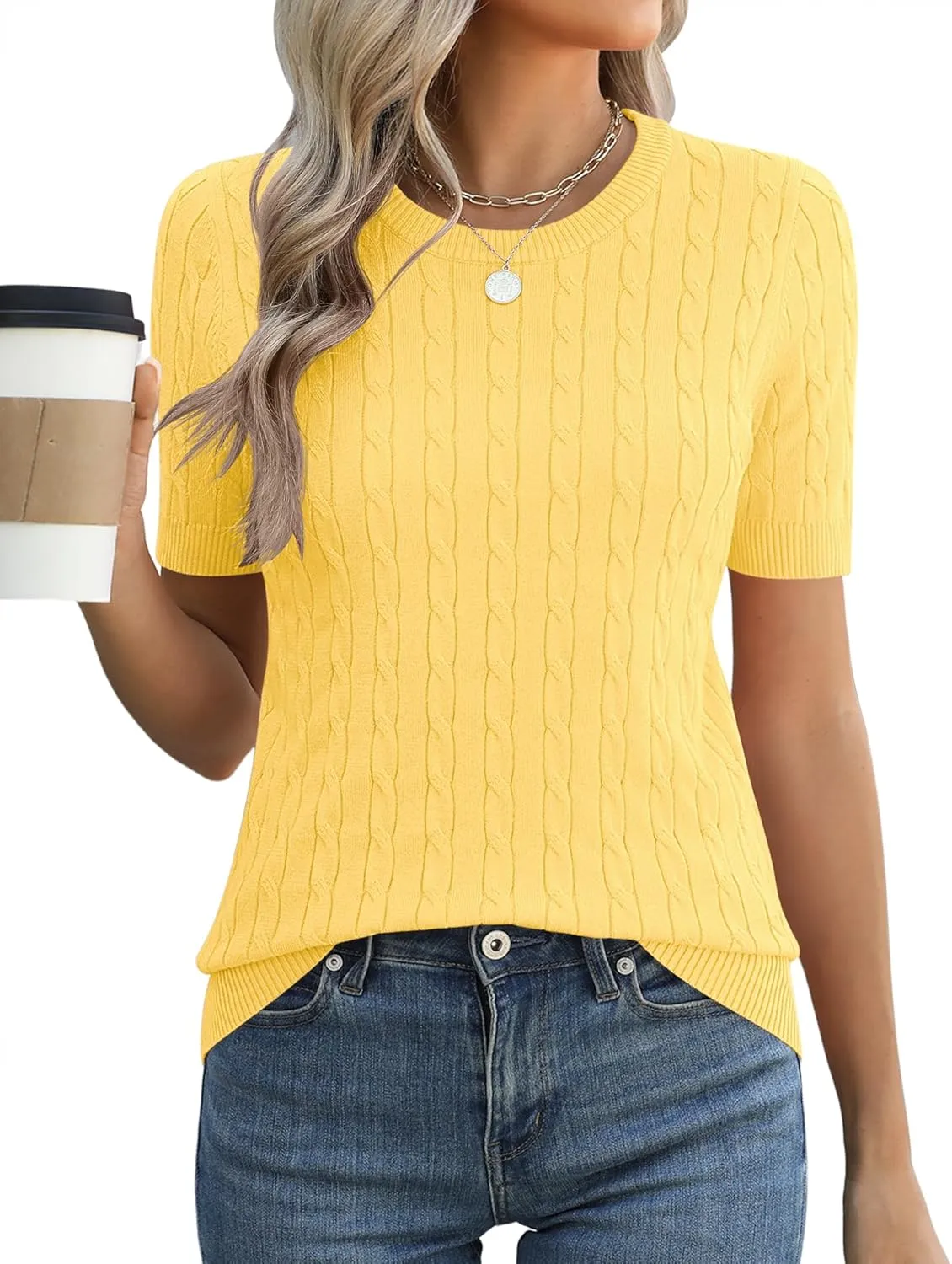 Micoson Womens Short Sleeve Cable Knit Sweater Tops Crewneck Lightweight Spring Summer Shirts Business Dressy Casual Outfits