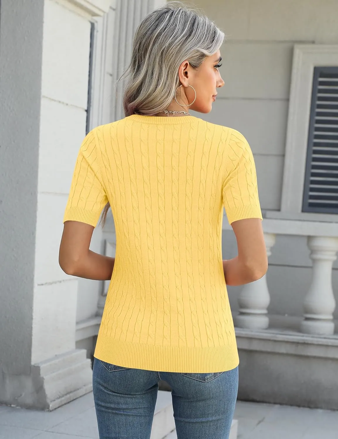 Micoson Womens Short Sleeve Cable Knit Sweater Tops Crewneck Lightweight Spring Summer Shirts Business Dressy Casual Outfits