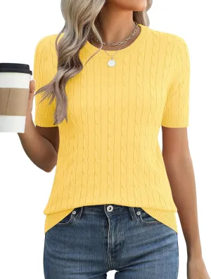 Micoson Womens Short Sleeve Cable Knit Sweater Tops Crewneck Lightweight Spring Summer Shirts Business Dressy Casual Outfits