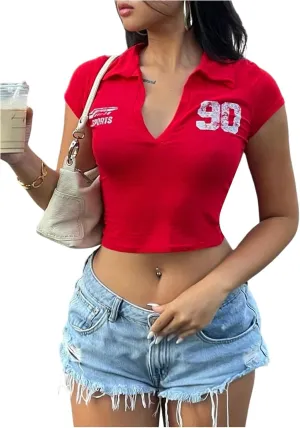 Milumia Women's Number Collar V Neck Crop T Shirt Y2k Short Sleeve Slim Fit Going Out Tee Tops