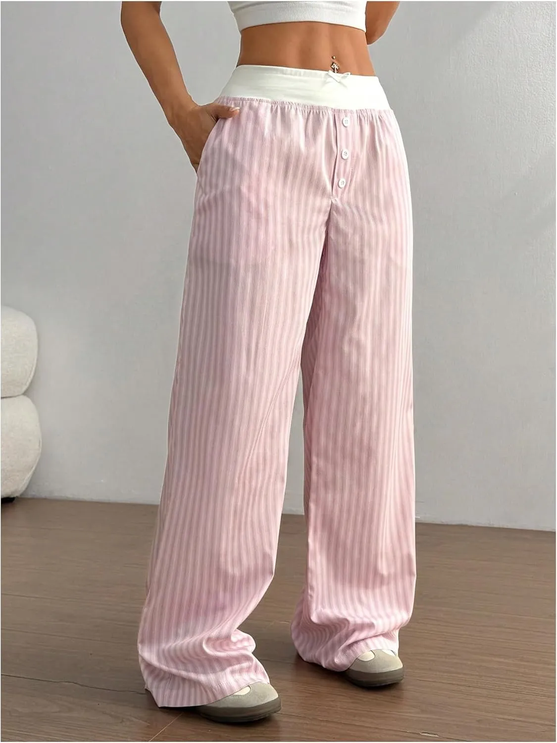 Milumia Women's Striped Bow Button Front Pants Elastic Waist Straight Leg Loose Trousers