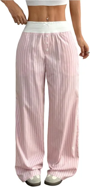 Milumia Women's Striped Bow Button Front Pants Elastic Waist Straight Leg Loose Trousers