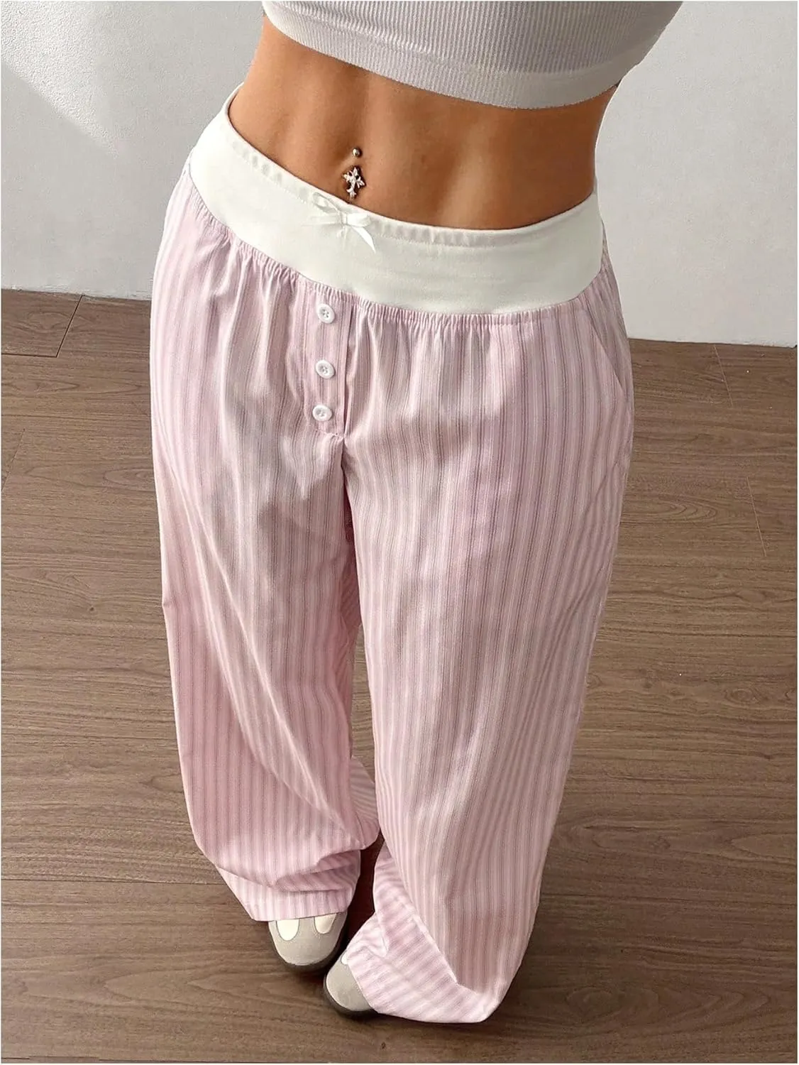 Milumia Women's Striped Bow Button Front Pants Elastic Waist Straight Leg Loose Trousers