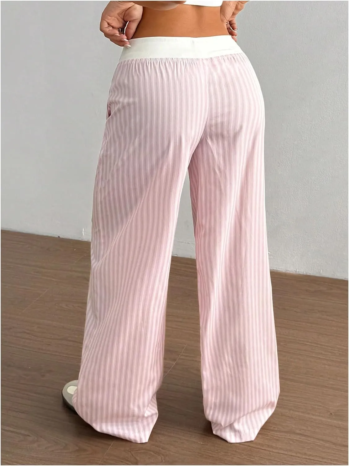 Milumia Women's Striped Bow Button Front Pants Elastic Waist Straight Leg Loose Trousers