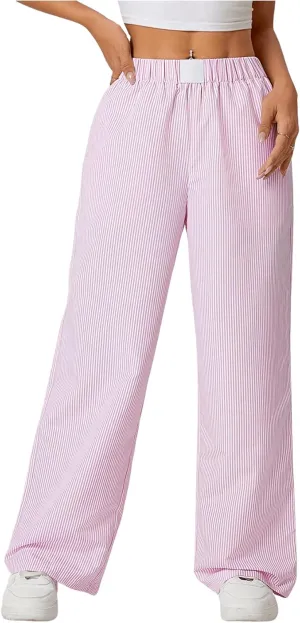 Milumia Women's Striped Wide Leg Pants Elastic High Waist Pocket Long Trousers