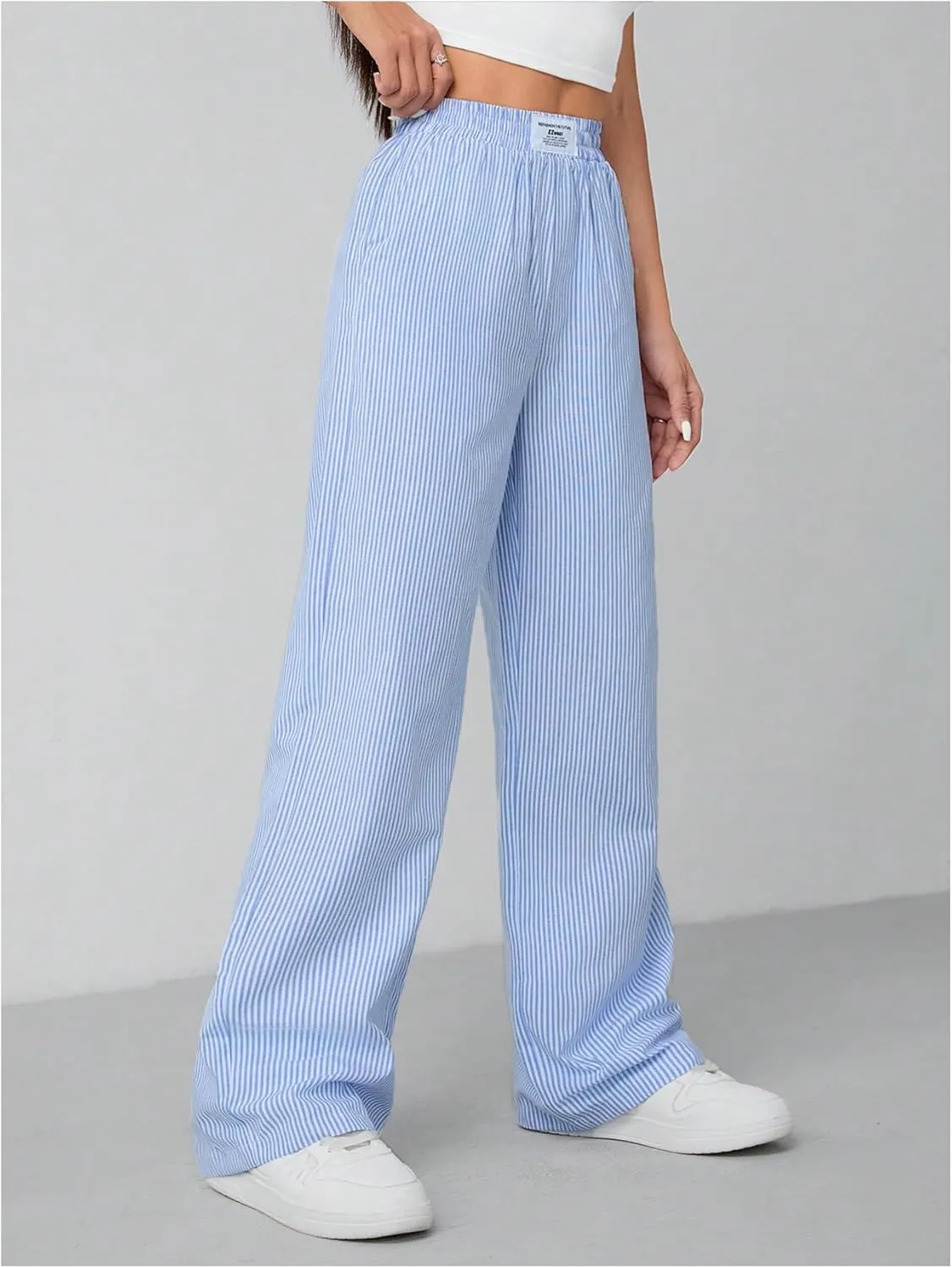 Milumia Women's Striped Wide Leg Pants Elastic High Waist Pocket Long Trousers