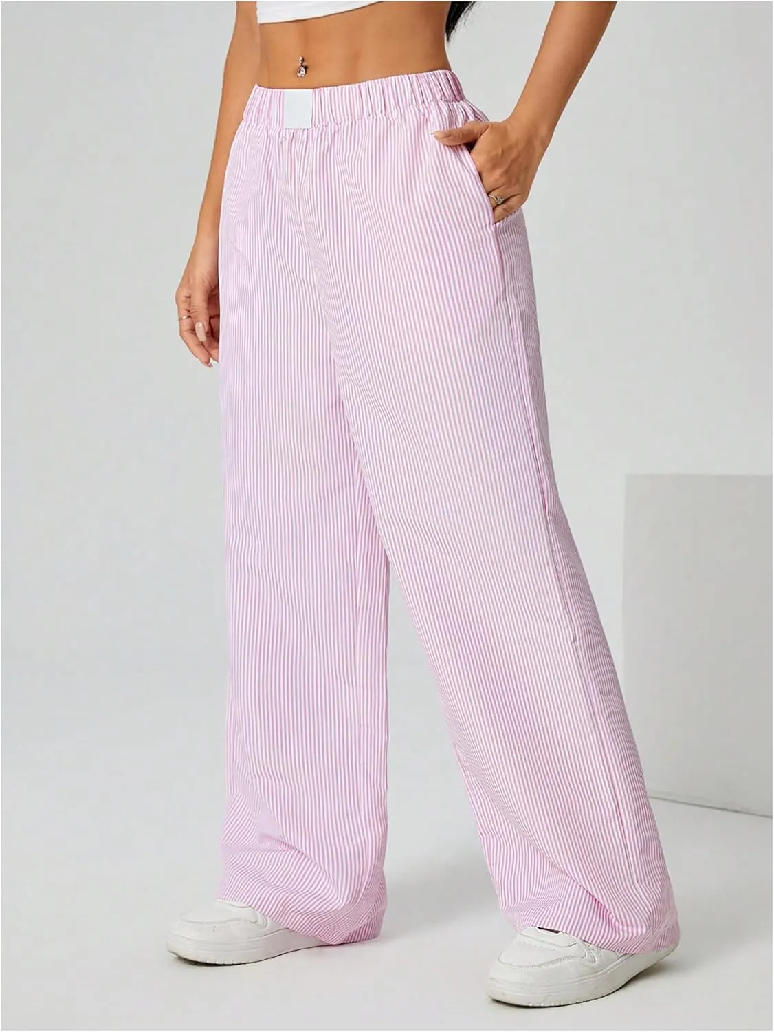 Milumia Women's Striped Wide Leg Pants Elastic High Waist Pocket Long Trousers