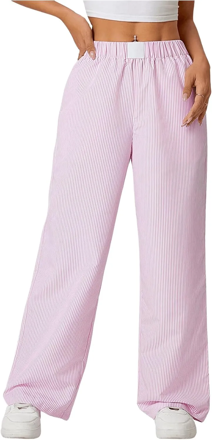 Milumia Women's Striped Wide Leg Pants Elastic High Waist Pocket Long Trousers