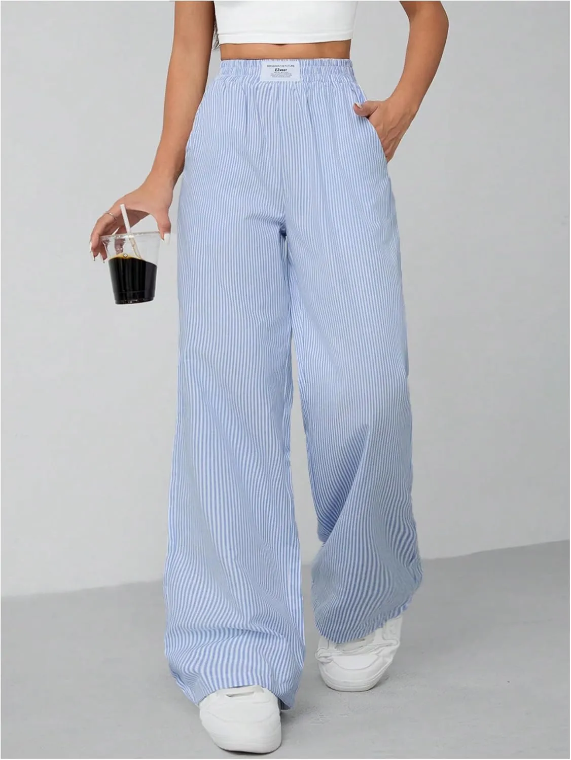 Milumia Women's Striped Wide Leg Pants Elastic High Waist Pocket Long Trousers