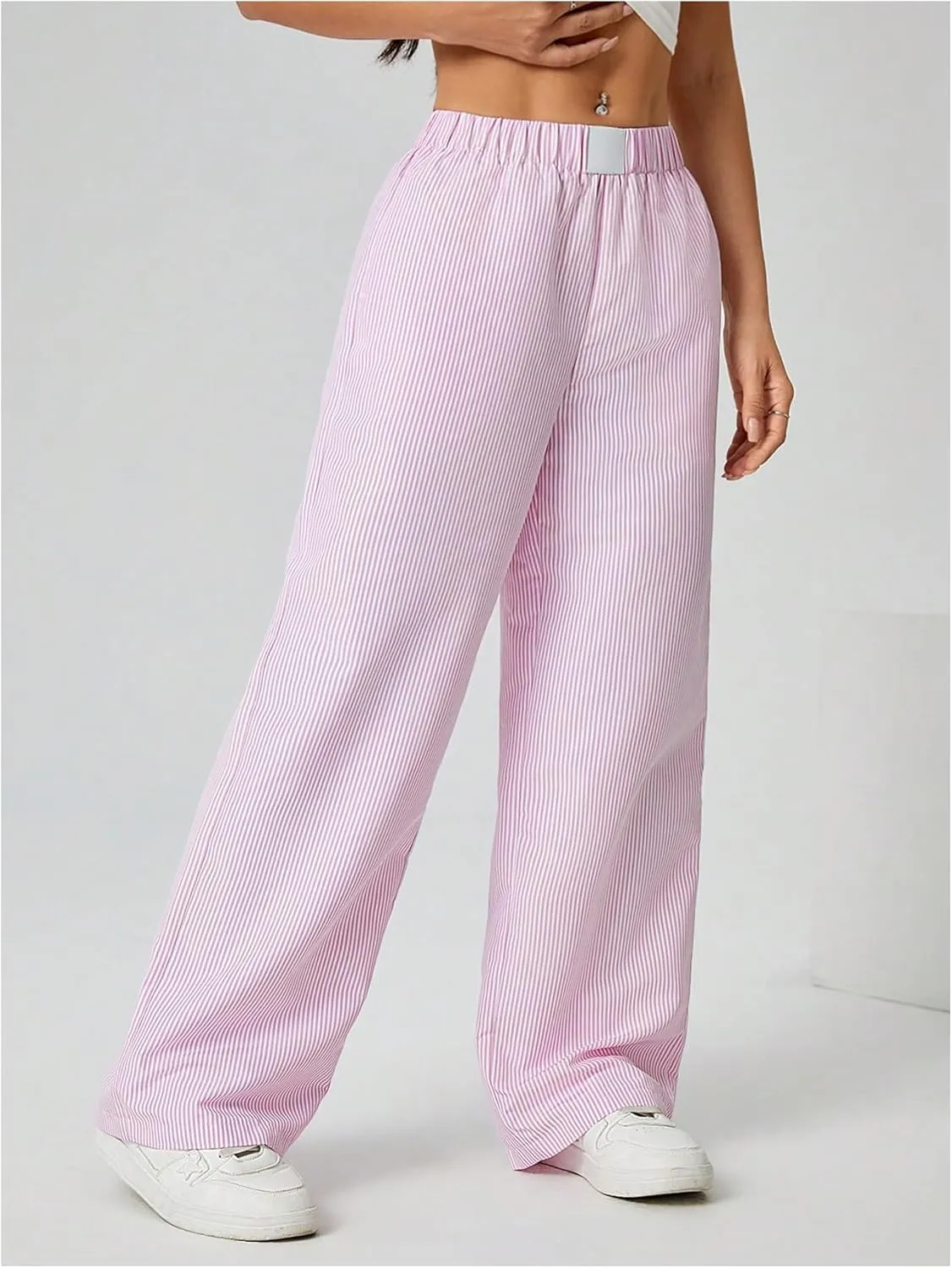 Milumia Women's Striped Wide Leg Pants Elastic High Waist Pocket Long Trousers