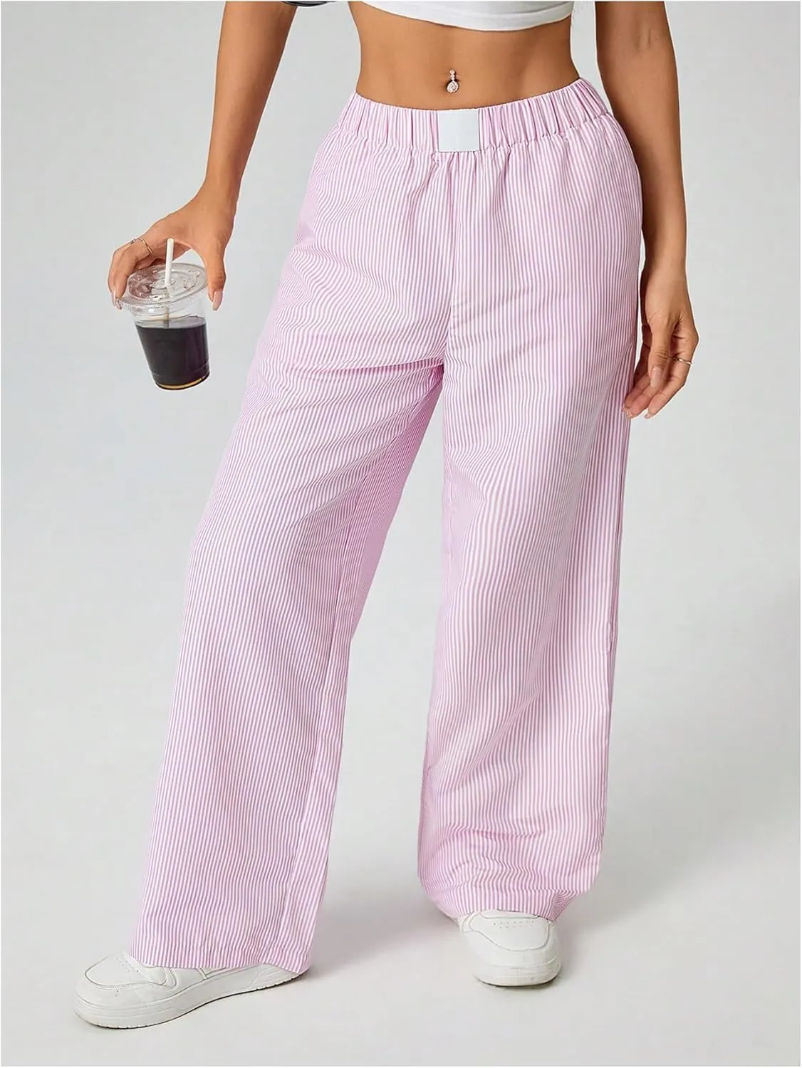 Milumia Women's Striped Wide Leg Pants Elastic High Waist Pocket Long Trousers