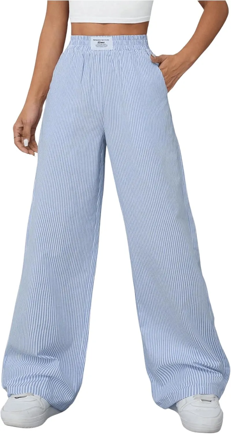 Milumia Women's Striped Wide Leg Pants Elastic High Waist Pocket Long Trousers