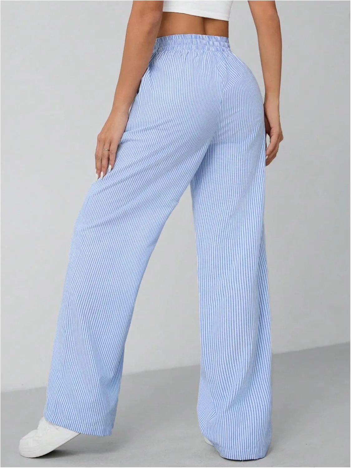 Milumia Women's Striped Wide Leg Pants Elastic High Waist Pocket Long Trousers
