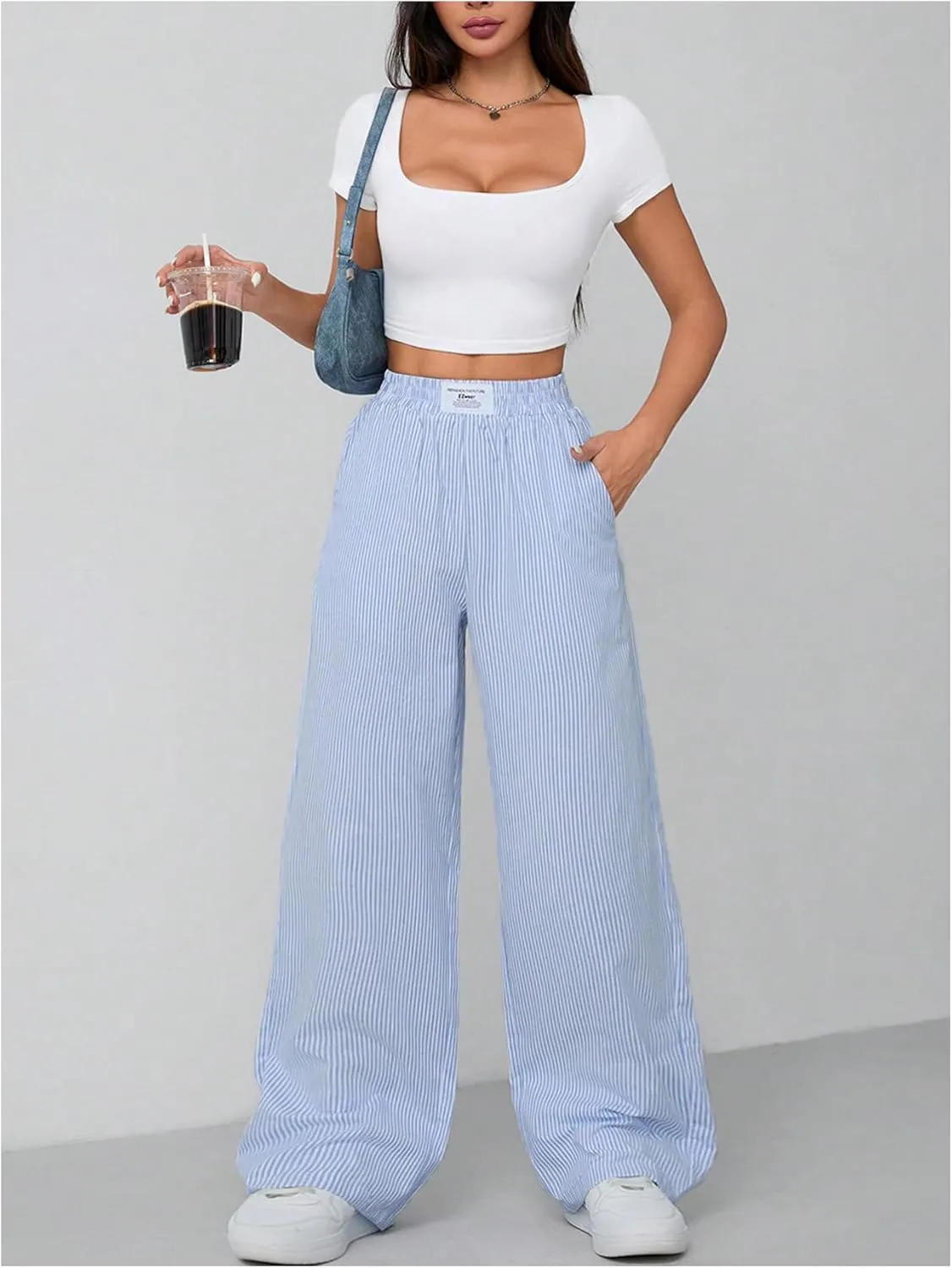 Milumia Women's Striped Wide Leg Pants Elastic High Waist Pocket Long Trousers