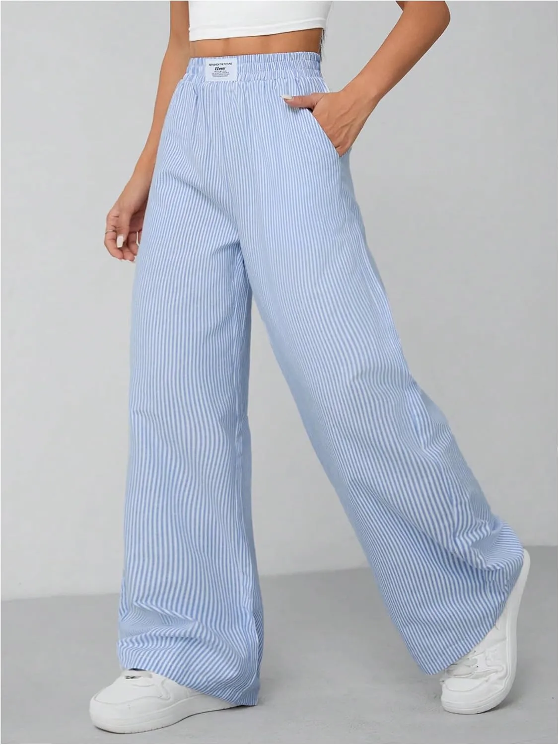 Milumia Women's Striped Wide Leg Pants Elastic High Waist Pocket Long Trousers