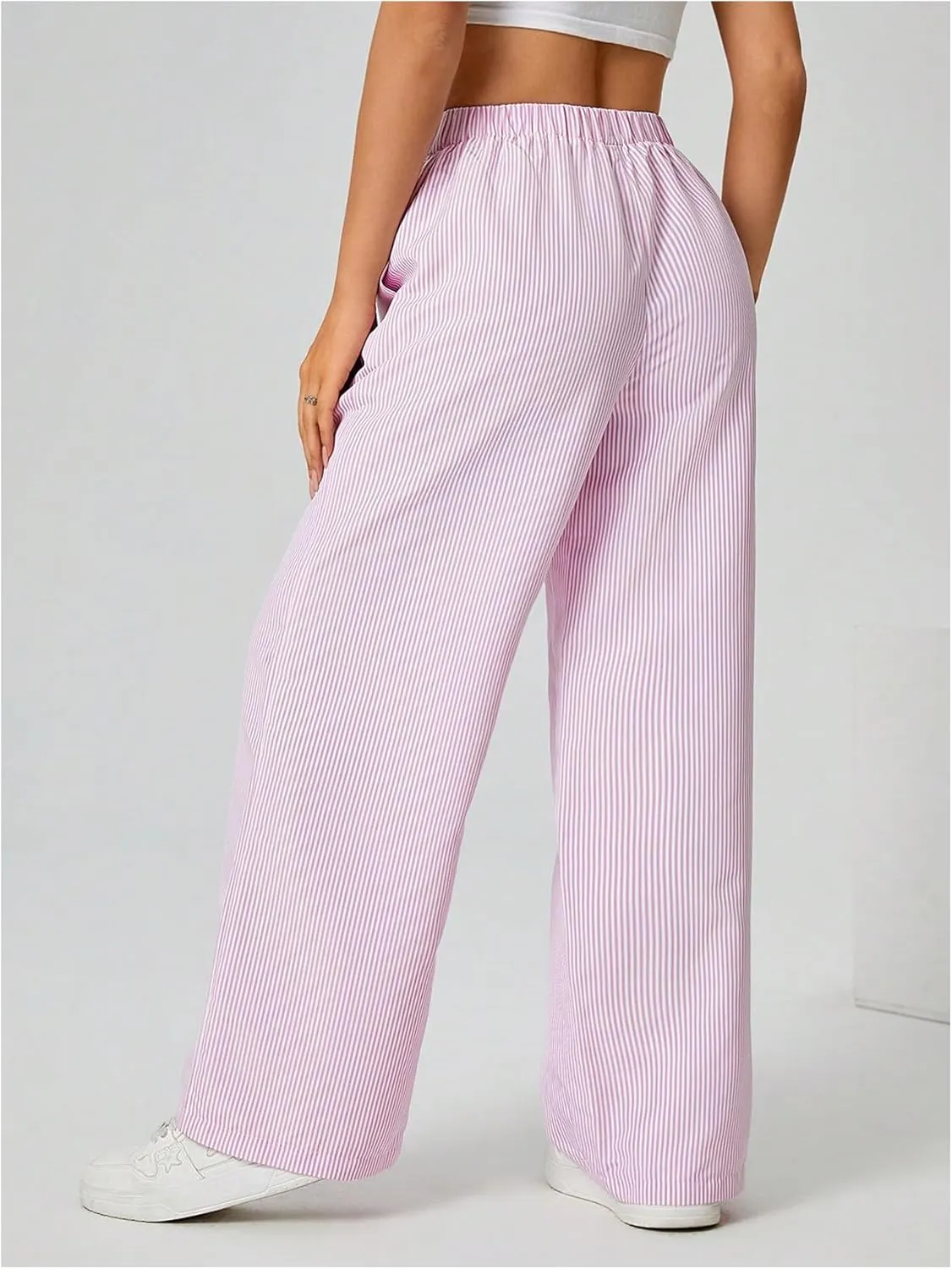 Milumia Women's Striped Wide Leg Pants Elastic High Waist Pocket Long Trousers