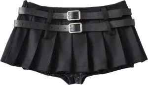Mini Pleated Skirts for Women, Y2K High Waist Stretchy Tennis Skater A-Line Short Skirt with Shorts Underneath. Black
