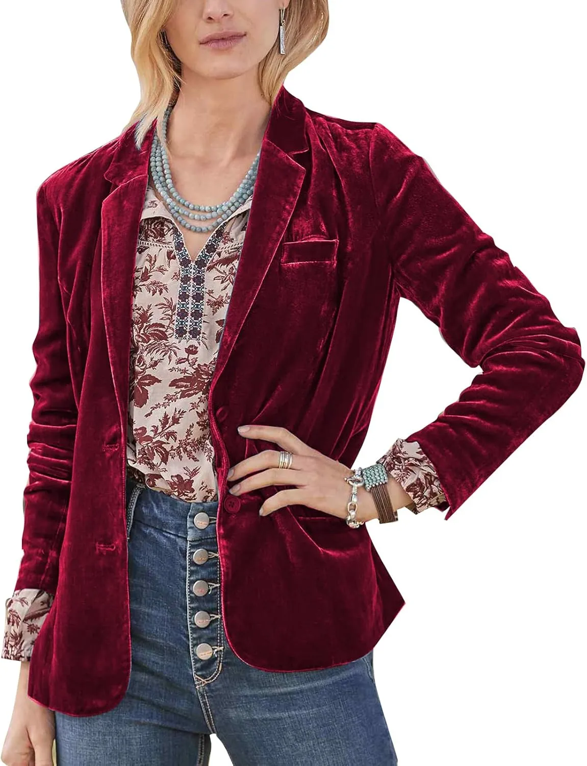 Mintlimit Women's Velvet Blazer Jacket - Long Sleeve V Neck Coat