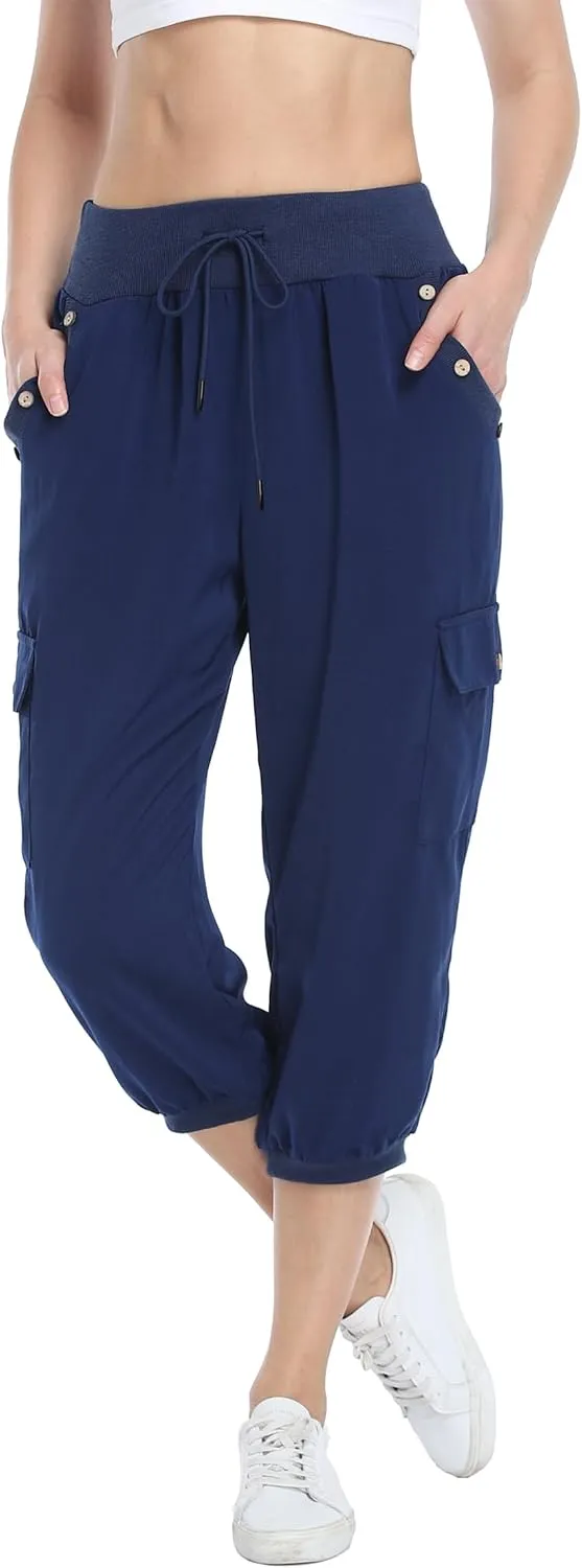 MISS MOLY Women's Cargo Capris Travel Pants Button Decor Summer Loose Harem Sweatpants Stylish Soft with Pockets