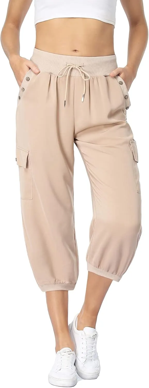 MISS MOLY Women's Cargo Capris Travel Pants Button Decor Summer Loose Harem Sweatpants Stylish Soft with Pockets